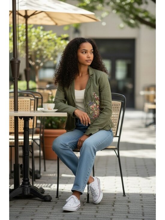 Sundance Embroidered Floral Linen Olive Green Blazer Jacket Lined Size M New - Picture 2 of 7